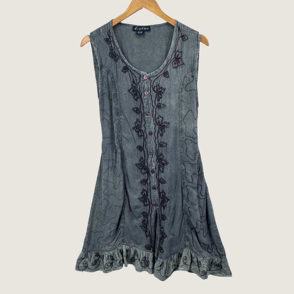 Lotus Sleeveless Tunic Dress Womens L Gray Green Boho Embroidered Rayon Ruffle